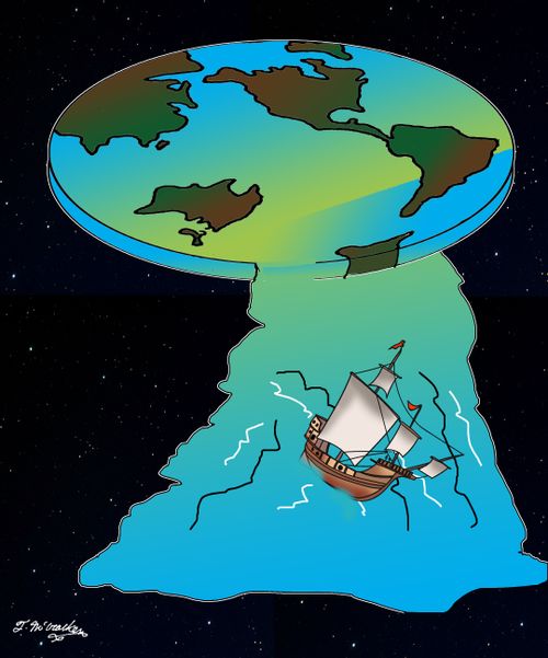A ship sails on water flowing off a flat Earth.