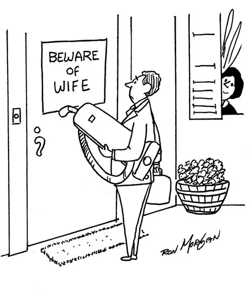 Door-to-door vacuum cleaner salesman sees sign on door of house stating: Beware of Wife.