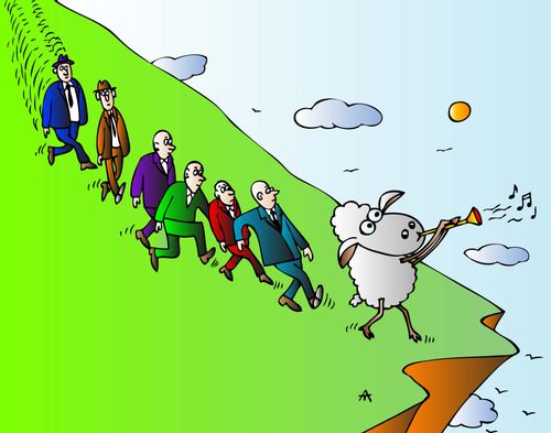 Pied piper sheep leads businessmen off the cliff.