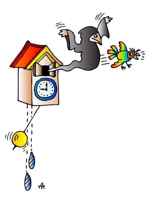 A ghost of a bird frightens a cuckoo clock bird.