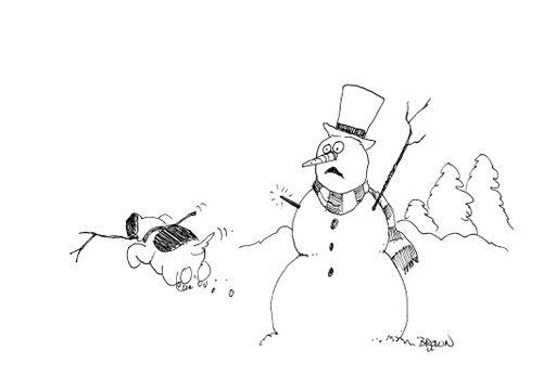 Dog runs off with snowman's arm.