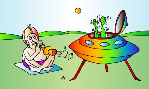 Snake charmer hypnotizes aliens in flying saucer