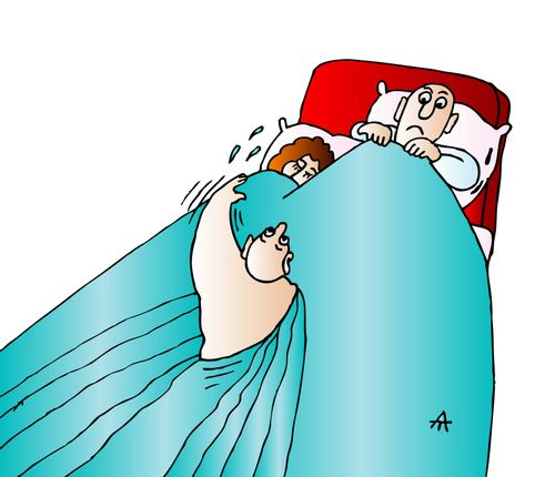 Man swims up a waterbed toward a sleeping couple.