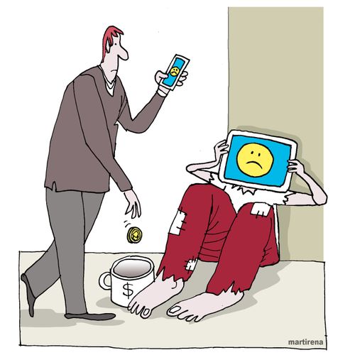 Man absent-mindedly drops change into a homeless person's cup.