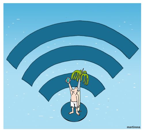 Man stranded on an island tries to get wifi coverage.