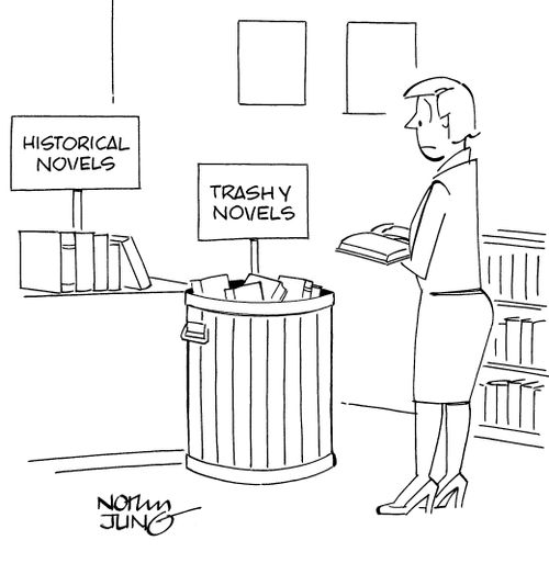Patron at book store sees trashy novels displayed in a garbage can.