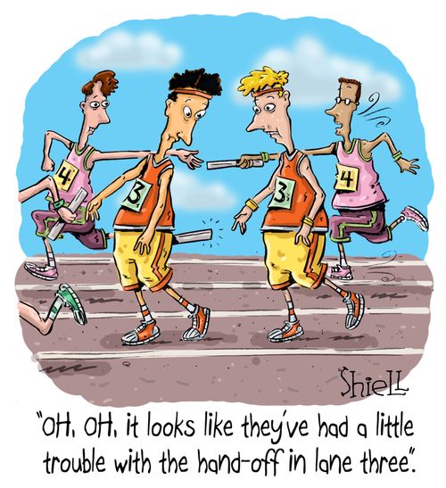 "Oh, oh, it looks like they've had a little trouble with the hand-off in lane three."