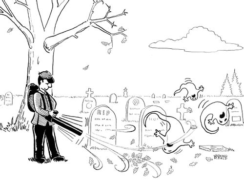 Man using leaf blower is blowing ghosts out of a graveyard.