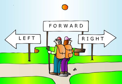 Tourists are faced with the options of 'left' 'right' and 'forward'.