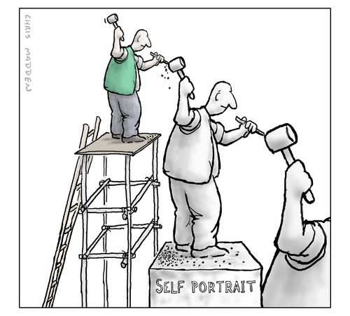 Sculptor creating repeating self-portrait sculptures.