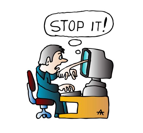 Computer grabs man and tells him to stop it.