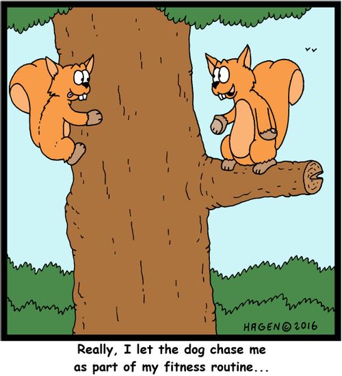 "Really, I let the dog chase me as part of my fitness routine..."