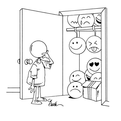 Blank head looks at emojis in closet.