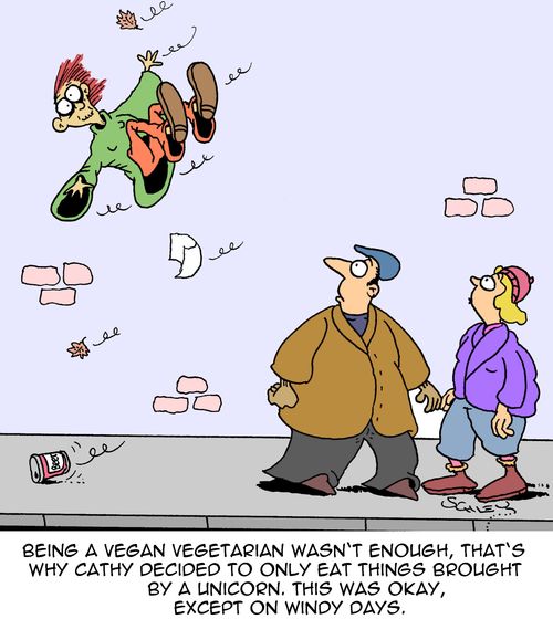 Person who doesn't eat much blown away in the wind.
