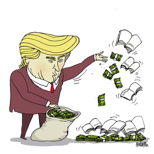 Donald Trump handing out money and college books.