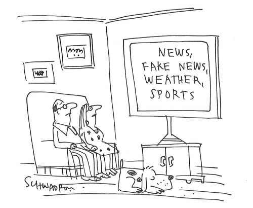 Couple watches the news, seeing 'News, Fake News, Weather, and Sports'.