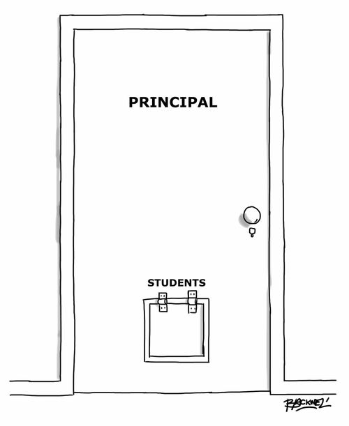 Principal's office has a cat flap for the students.