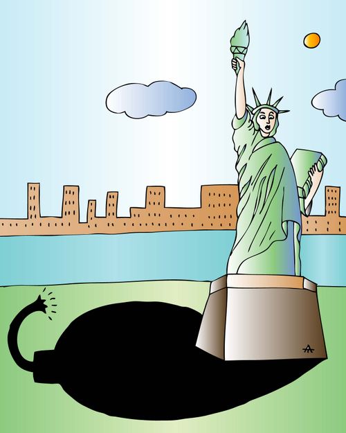 A bomb appears in the shadow of the Statue of Liberty.