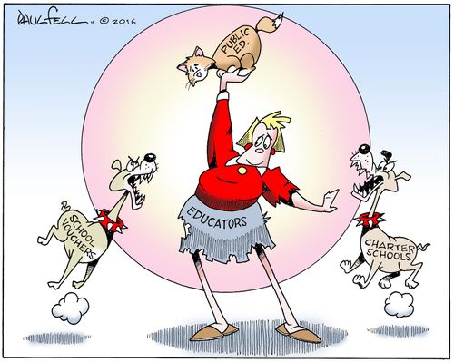 Educators try to keep public education away from school vouchers and charter schools.