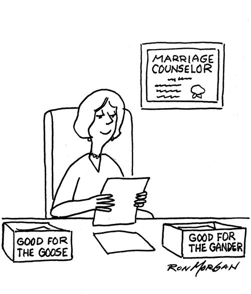Woman has desk boxes labelled: Good For The Goose & Good For The Gander.