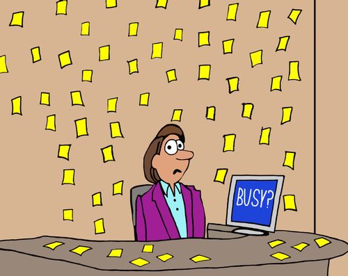 Woman is surrounded by yellow notes.
