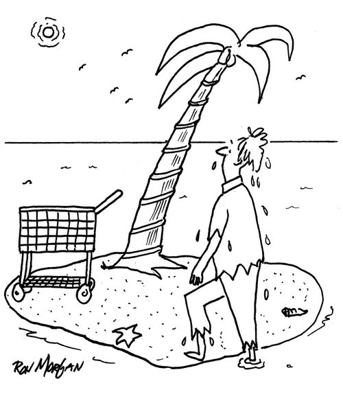 Hungry man arriving at desert island sees empty shopping cart.