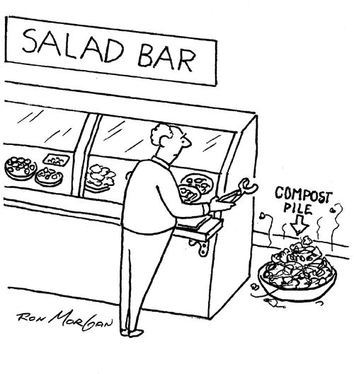 At the end of a salad bar, a customer sees a compost pile.