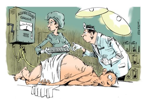 Man undergoes acupuncture while doctor looks at acupressure gauge.