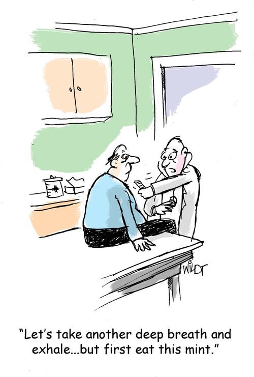 "Let's take another deep breath and exhale...but first eat this mint."