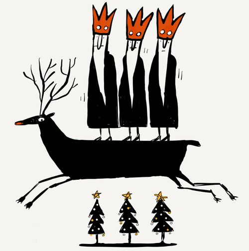 Three kings riding a red nosed reindeer