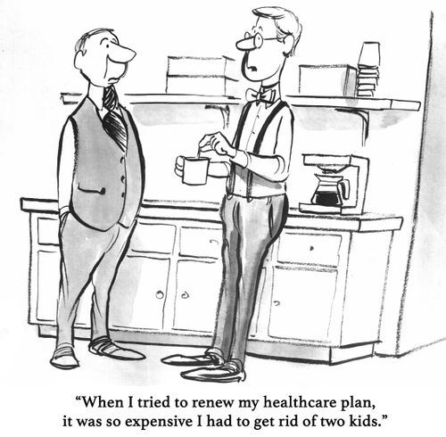 Cartoon about the high cost of health insurance.