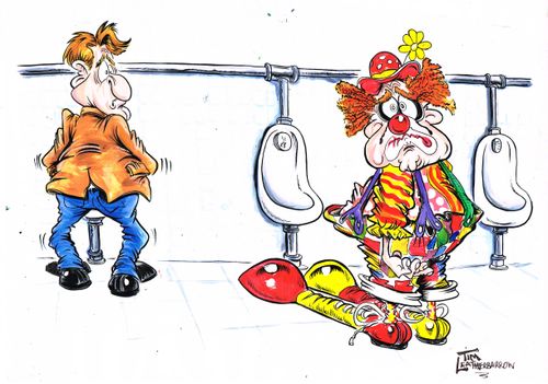 Clown can't use urinal due to big shoes.