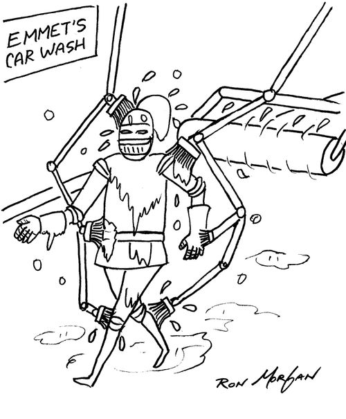 Knight walks through a car wash to get clean.