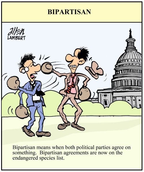 Bipartisan means when both political parties agree on something. Bipartisan agreements are now on the endangered species list.