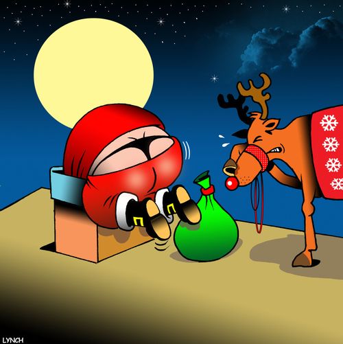 Santa Claus struggles to get into a chimney, revealing a thong.