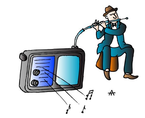 Man plays the radio like a flute.