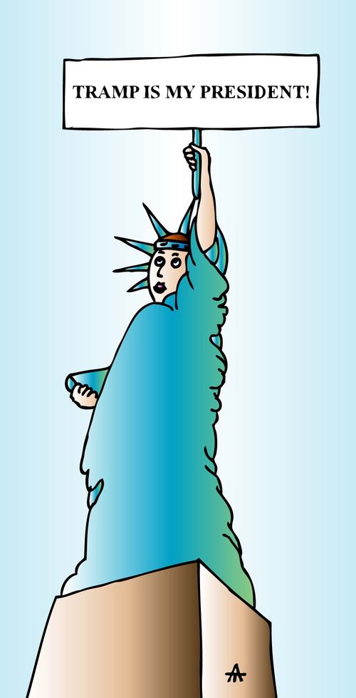 Statue of Liberty holds up sign reading 'Tramp is my president!'
