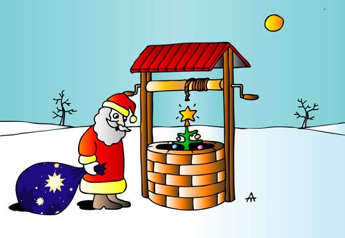 Santa Claus sees a Christmas tree at the bottom of a well.