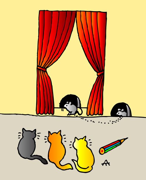 Cats watch mice in a theatre