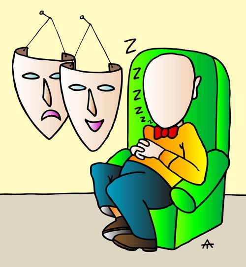 Faceless man naps with the trestle theatre masks hanging from his wall.