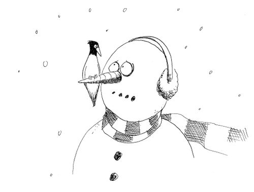 Woodpecker sitting on snowmans nose