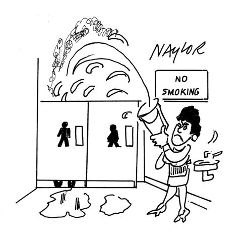 Woman squirts water on a smoker in the toilet.