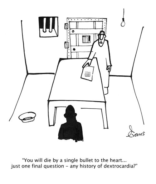 "You will die by a single bullet to the heart...just one final question - any history of dextrocardia?"