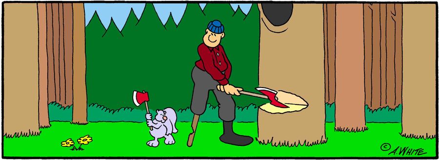 Squirrel chopping wooden leg of lumberjack.