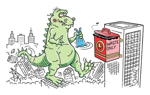 Giant monster keeps the streets tidy by using the provided bins.