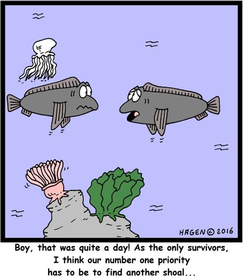 "Boy, that was quite a day! As the only survivors, I think our number one priority has to be to find another shoal..."