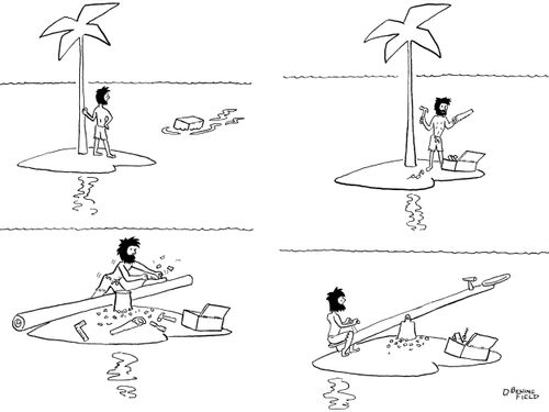 Castaway finds toolbox washed ashore.