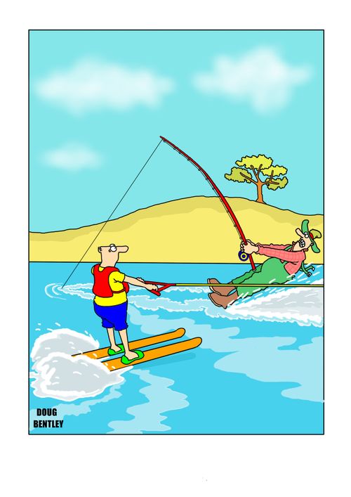 Water skiing man crosses path of fisherman with hooked fish waterskiing in the opposite direction