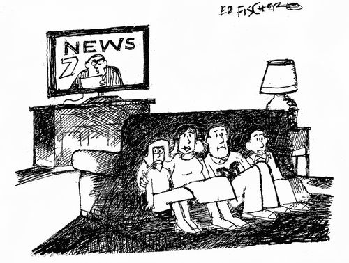 A family hides from the TV news.