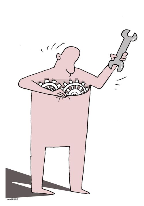 Man checks the gears in his chest.